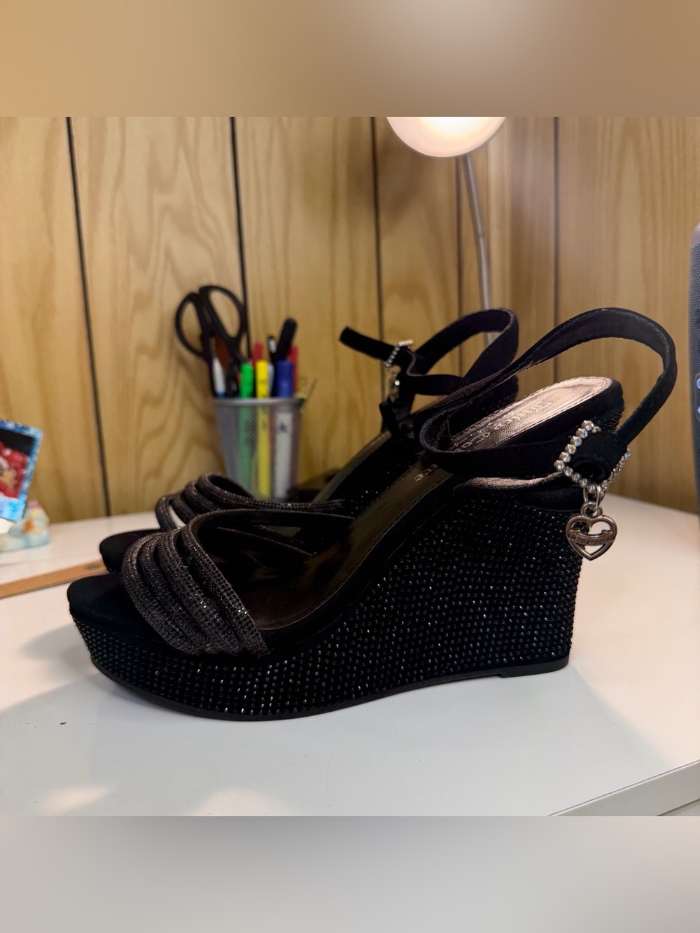 Juicy Couture Black Rhinestone Embellished Wedge Sandals with Heart Charm